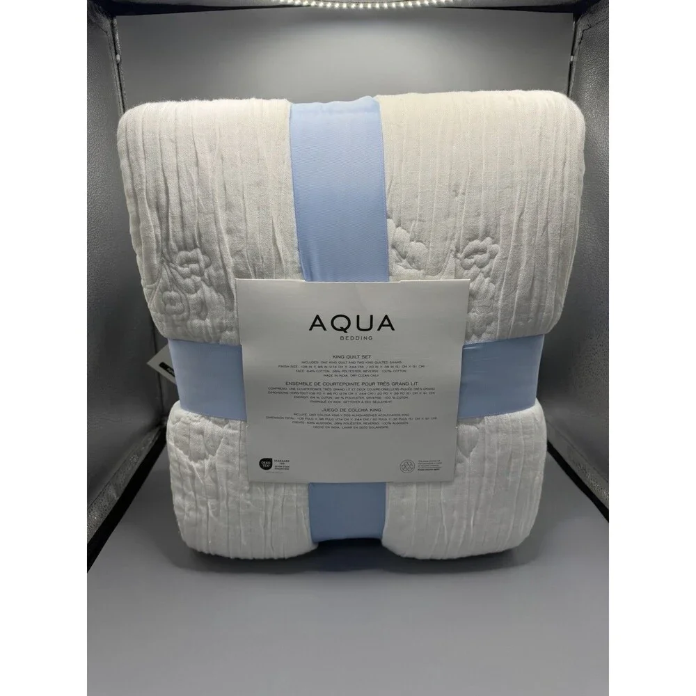 Aqua Bedding Floral Scalloped Reversible KING Quilt + 2 KING Shams Set White